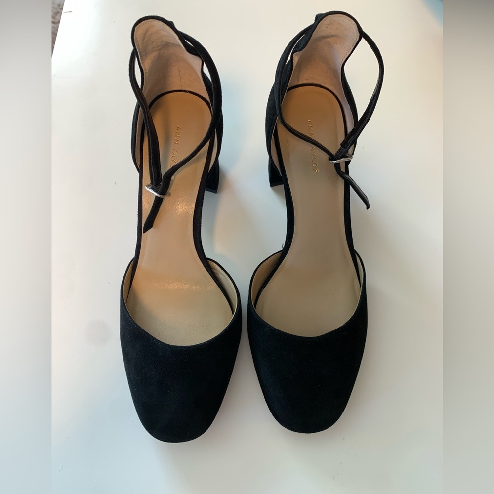 Ann Taylor Black Suede Heels with Ankle Straps